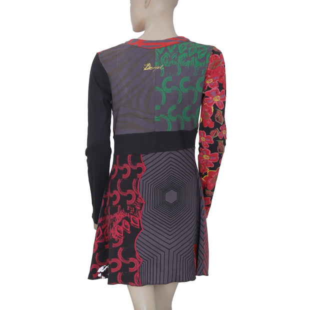 New Desigual Printed Embroidered Long Sleeve Multicolor Mini Dress Medium