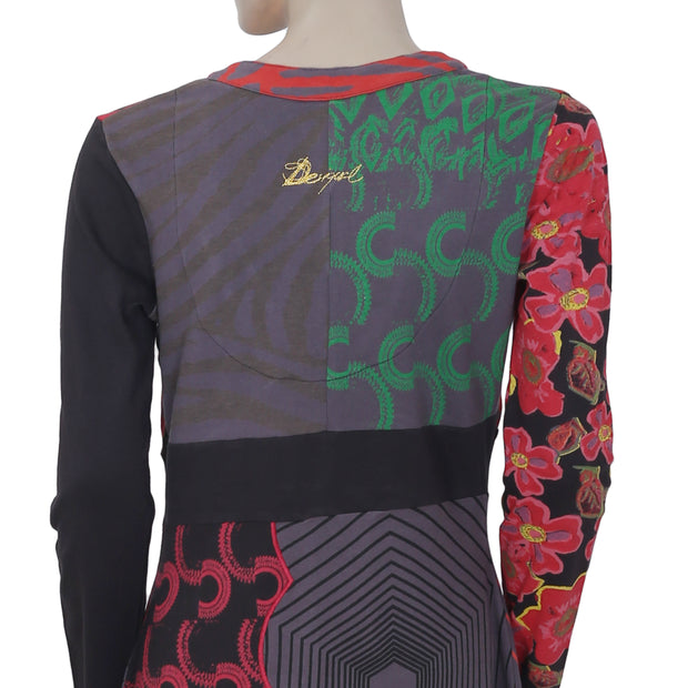 New Desigual Printed Embroidered Long Sleeve Multicolor Mini Dress Medium