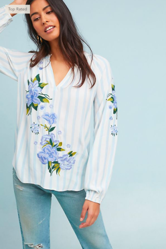 New Akemi + Kin Anthropologie Floral Embroidered Striped Blouse Top S