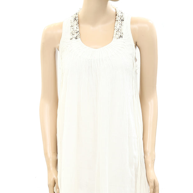 Alysi Embellished Pintuck Ivory Mini Dress XS
