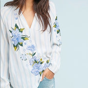 New Akemi + Kin Anthropologie Floral Embroidered Striped Blouse Top S