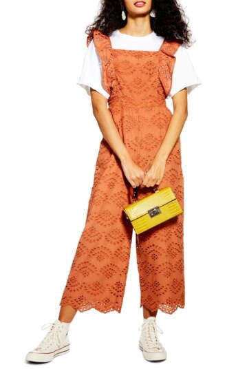 Top Shop Embroidered Ruffle Jumpsuit Eyelet Back Tie Rust M
