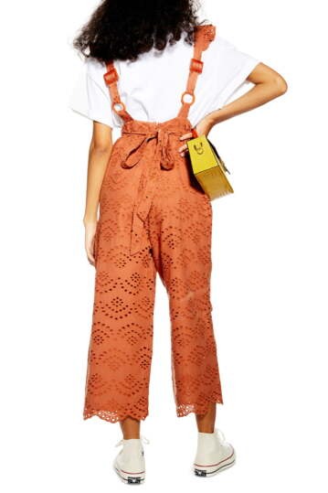 Top Shop Embroidered Ruffle Jumpsuit Eyelet Back Tie Rust M