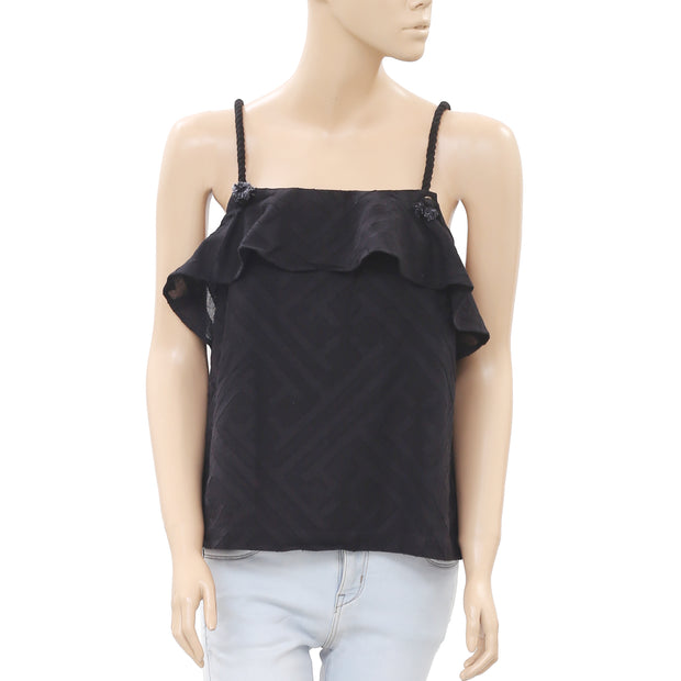 Leo & Sage Texture Ruffle Black Tank Blouse Top M