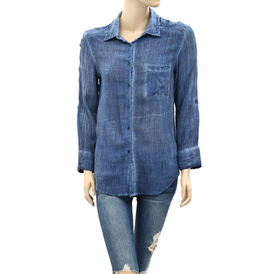Alice + Olivia Donnie Piper Crinkled Buttondown Blue Shirt Top