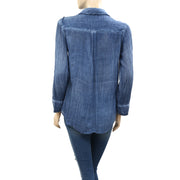 Alice + Olivia Donnie Piper Crinkled Buttondown Blue Shirt Top