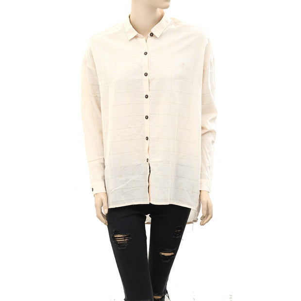 Des Petits Hauts Shimmer Check Printed Beige Shirt Top M