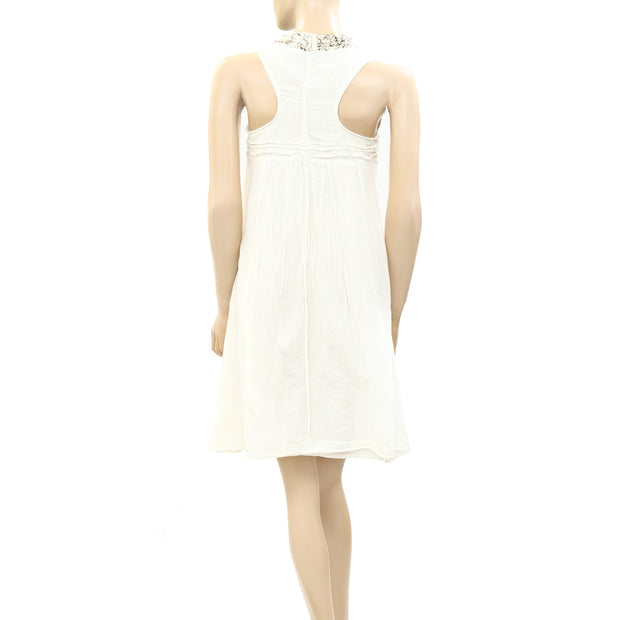 Alysi Embellished Pintuck Ivory Mini Dress XS
