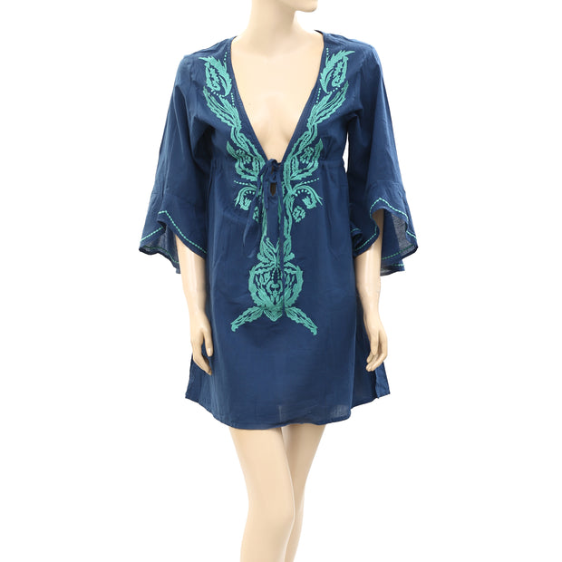 Ellen Weaver Embroidered Blue Mini Dress M