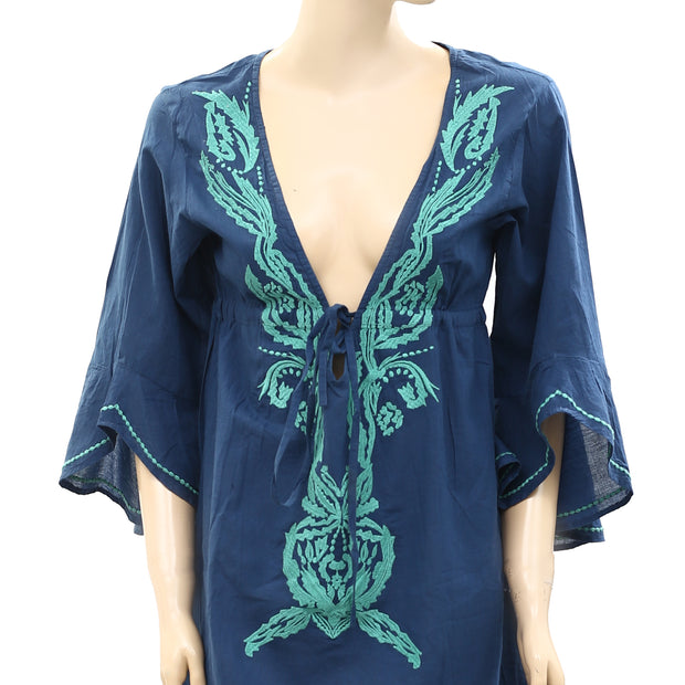 Ellen Weaver Embroidered Blue Mini Dress M