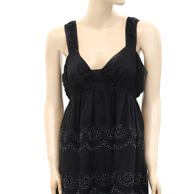 Pink Soda Eyelet Embroidered Beaded Black Dress XS
