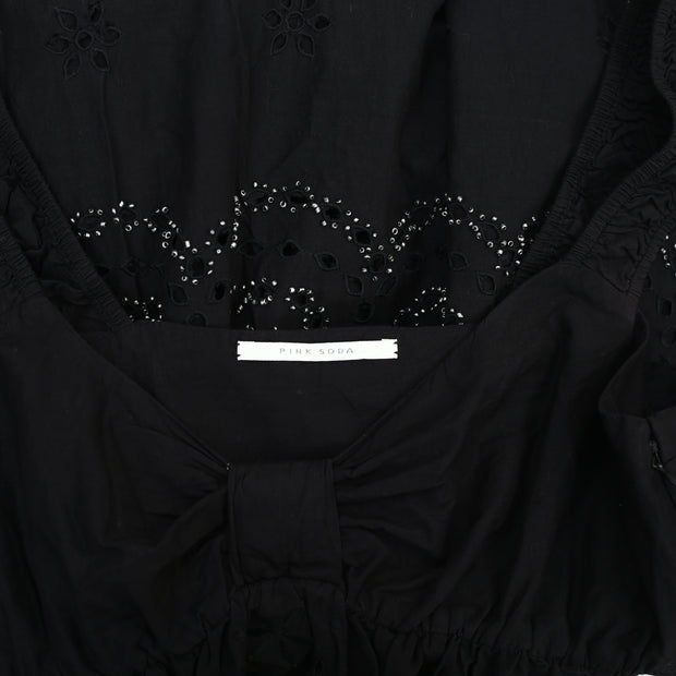 Pink Soda Eyelet Embroidered Beaded Black Dress XS