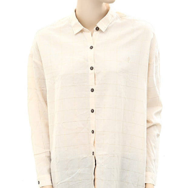 Des Petits Hauts Shimmer Check Printed Beige Shirt Top M