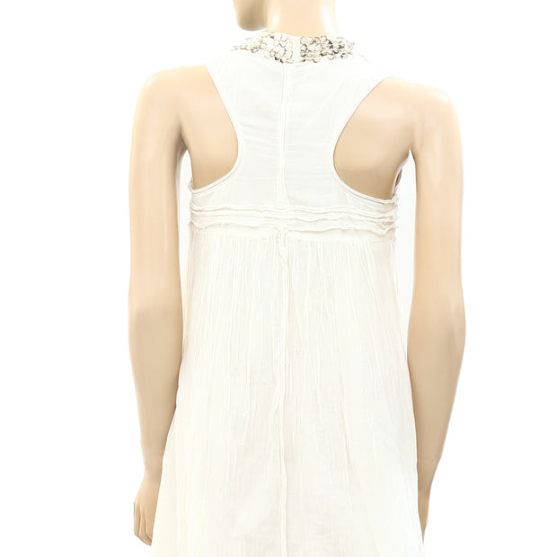 Alysi Embellished Pintuck Ivory Mini Dress XS