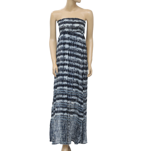 Lucky Brand Smocked Printed Tube Navy Maxi Dress XS