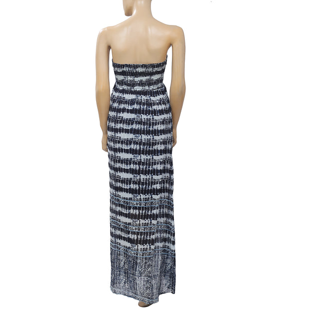 Lucky Brand Smocked Printed Tube Navy Maxi Dress XS