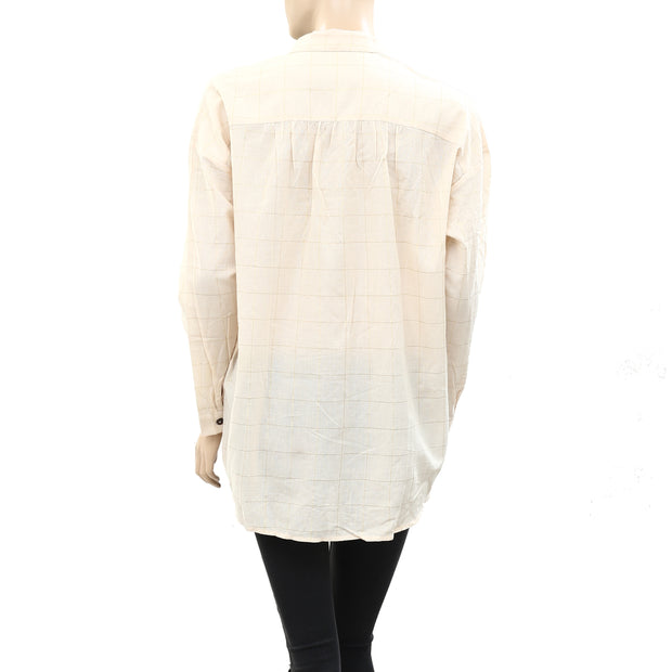 Des Petits Hauts Shimmer Check Printed Beige Shirt Top M