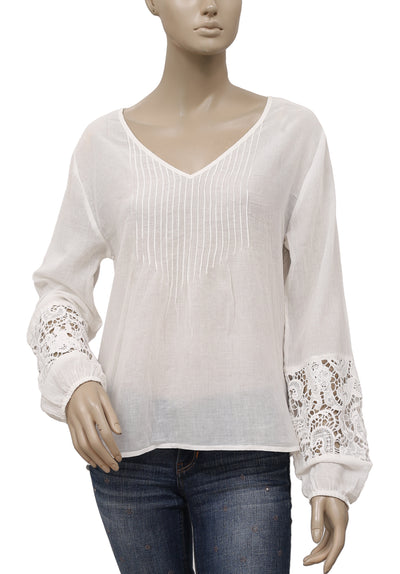 Free People Crochet Lace Pintuck Long Sleeve Casual White Tunic Top