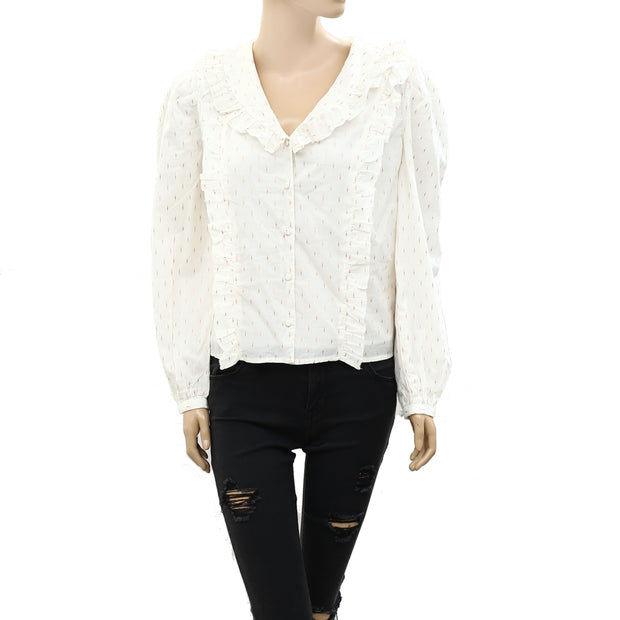 Hoss Intropia Anthropologie Shimmer Buttondown Ruffle Blouse Top S 4