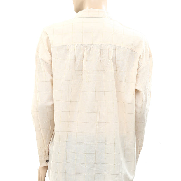 Des Petits Hauts Shimmer Check Printed Beige Shirt Top M