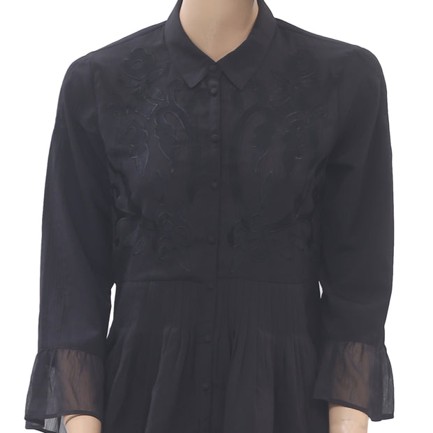 Uterque Embroidered Black Tunic Shirt Top