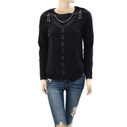 Berenice Metallic Shimmer Embroidered Black Blouse Top XS