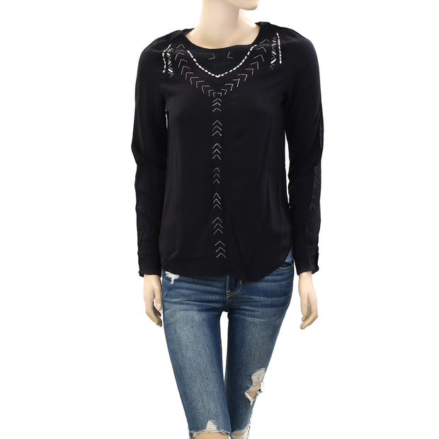 Berenice Metallic Shimmer Embroidered Black Blouse Top XS