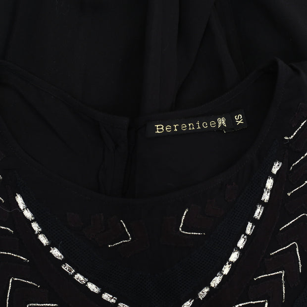 Berenice Metallic Shimmer Embroidered Black Blouse Top XS