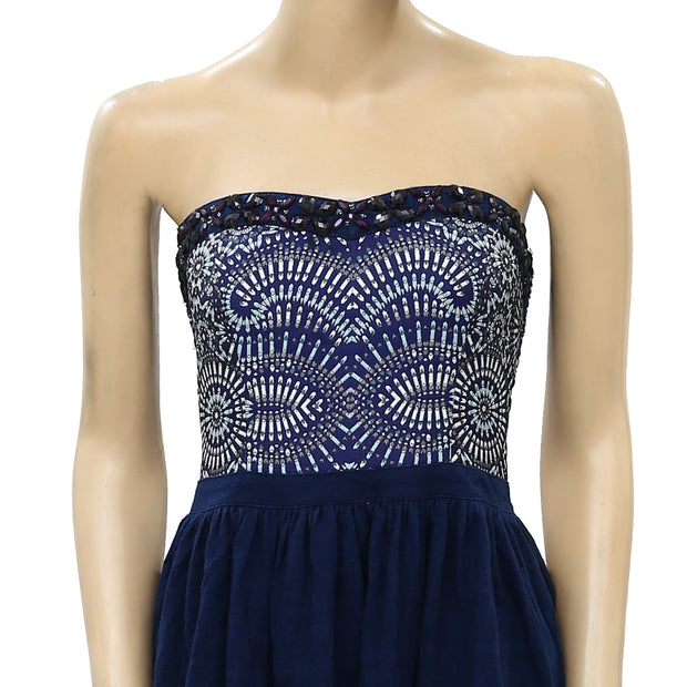 Anthropologie Navy Beaded Embellished Tube Mini Dress S