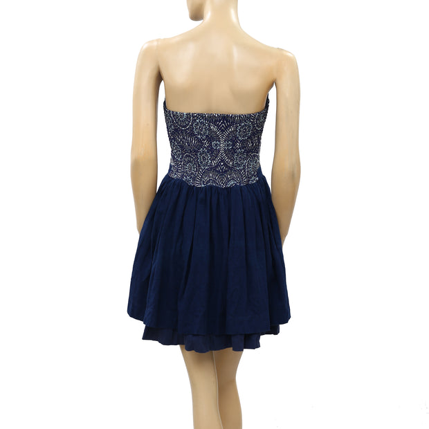Anthropologie Navy Beaded Embellished Tube Mini Dress S