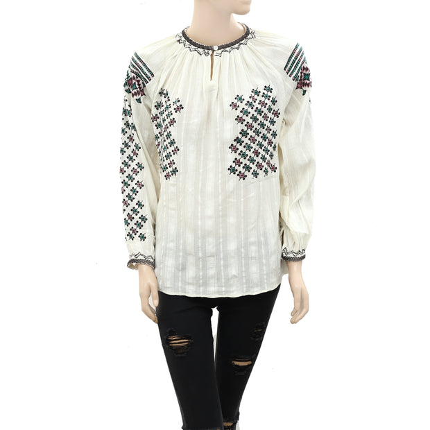 Splash Embroidered Striped Gauze Blouse Top S
