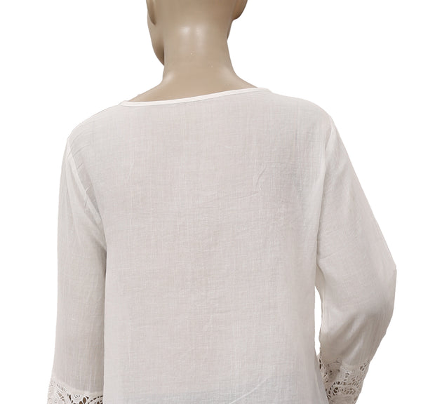 Free People Crochet Lace Pintuck Long Sleeve Casual White Tunic Top