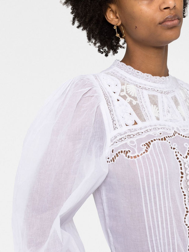 Zadig & Voltaire Embroidered Balloon-sleeve Blouse Top Lace Pintuck XS