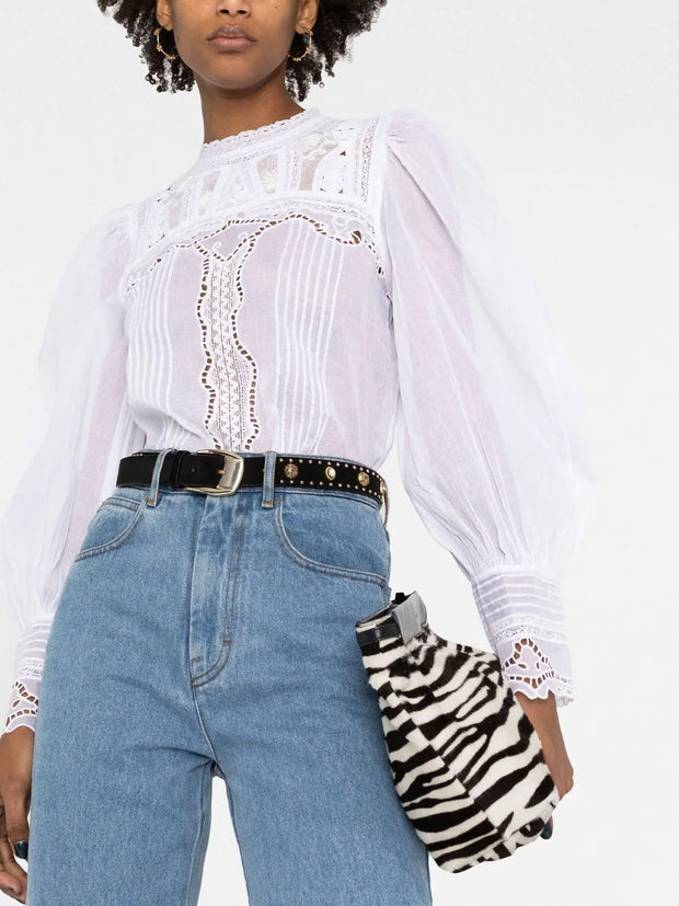 Zadig & Voltaire Embroidered Balloon-sleeve Blouse Top Lace Pintuck XS