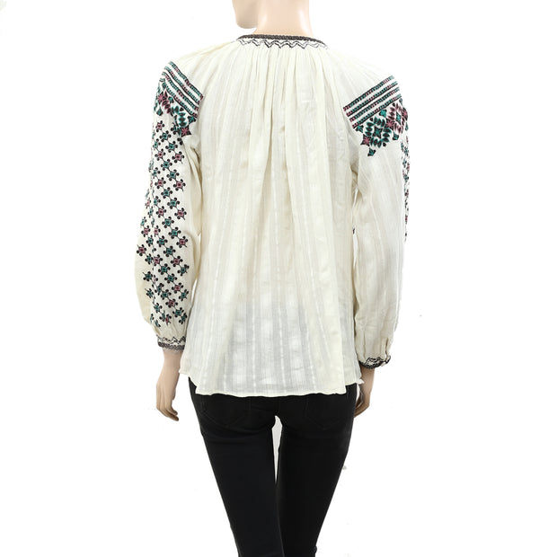 Splash Embroidered Striped Gauze Blouse Top S