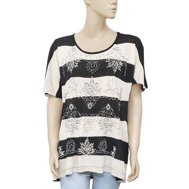 White Chocolate Striped Printed Embellished Black & Ivory Tunic Top M