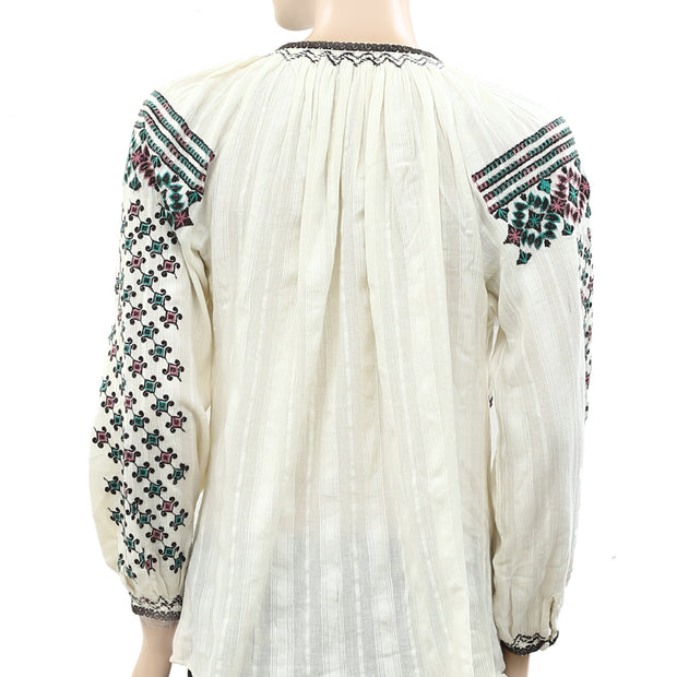Splash Embroidered Striped Gauze Blouse Top S