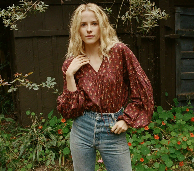 Doen Collection Petunia Happy Flower Block Print Blouse Top