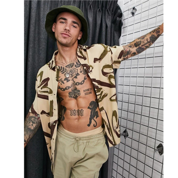 Asos Design Men's Relaxed Shirt In Beige Abstract Printed L