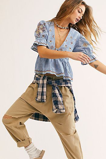 Free People Tallulah Embroidered Blouse Top XS