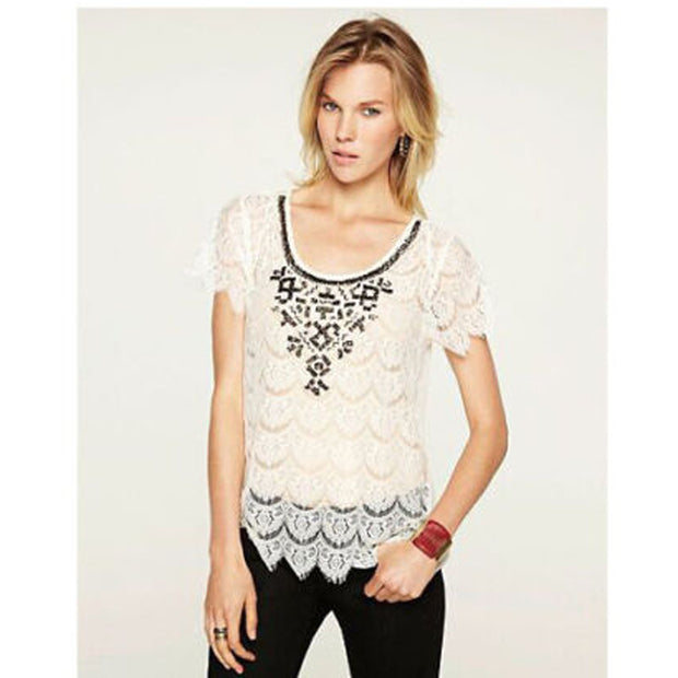 Lucky Brand Beaded Lace Blouse Top S