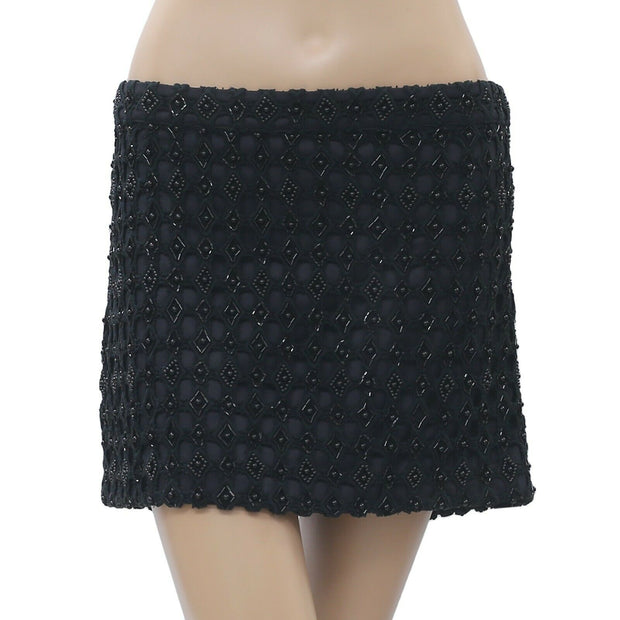 Anthropologie Crochet Beaded Black Mini Skirt M
