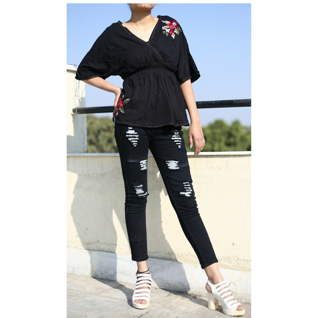 Caite Anthropologie Floral Embroidered Blouse Top Black  S