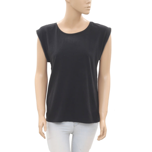 Zadig & Voltaire Beaded Embellished Metallic Black Blouse Top