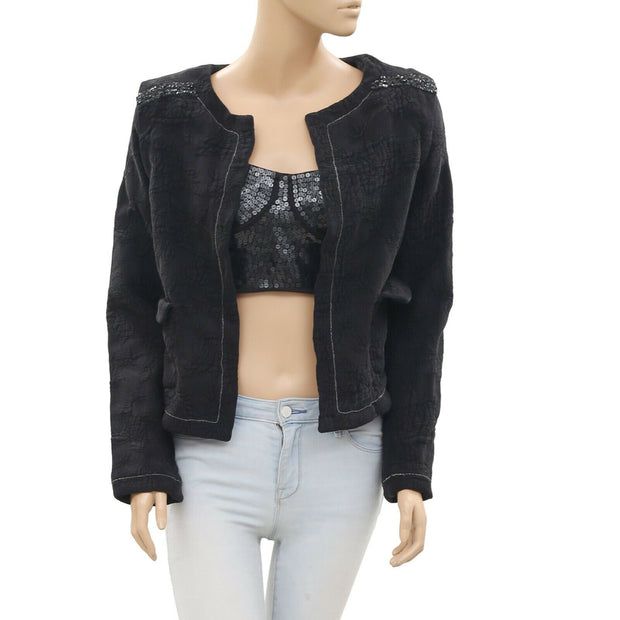 Anthropologie Embroidered Beaded Black Jacket Top S