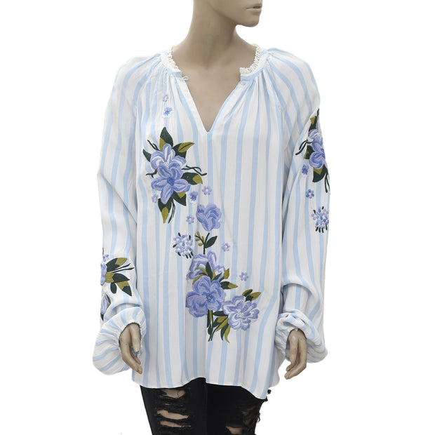 New Akemi + Kin Anthropologie Floral Embroidered Striped Blouse Top S