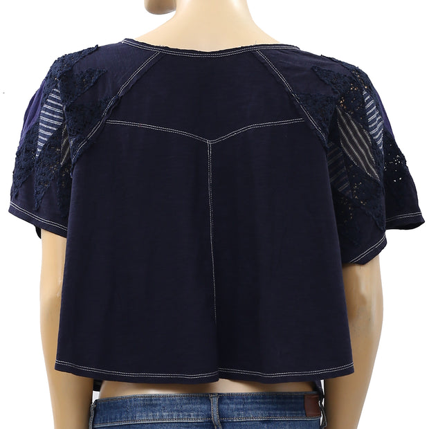 Free People Crochet Lace Cropped Blouse Top M