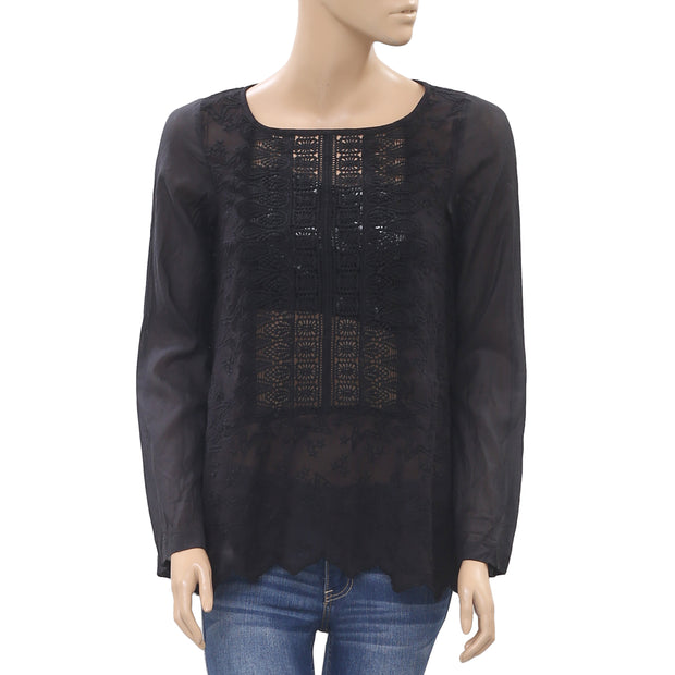 Odd Molly Anthropologie Embroidered Black Blouse Top XS-0