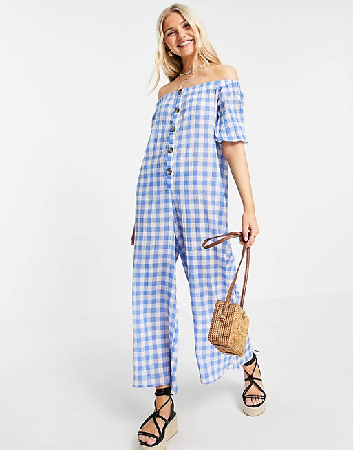 Asos Design Maternity Off Shoulder Wide Leg Plaid Cotton Jumpsuit M 8