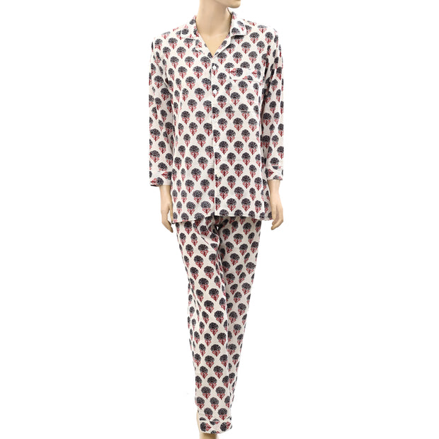 White Chocolate Floral Leaf Printed Shirt Pajama Set M-38